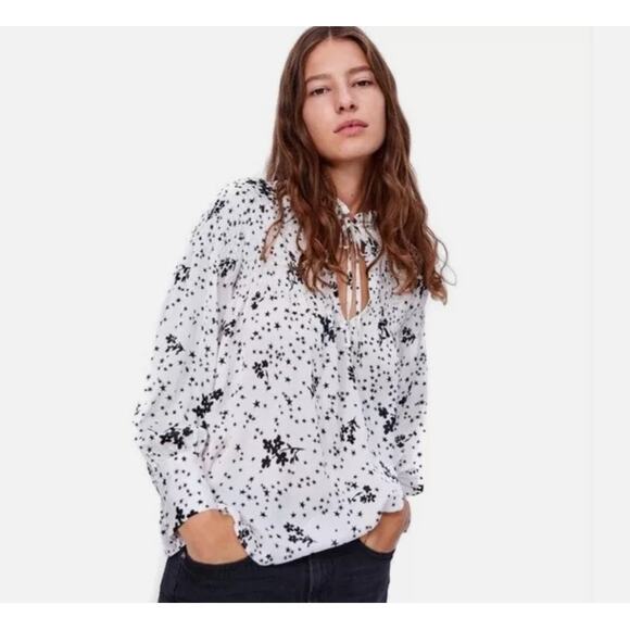 Zara Tops - Zara Floral Star Black & White Smocked Blouse size S NWT